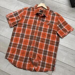 Prana Slim Fit Plaid Shirt Men Sz XL Red Brown Short Sleeve Outdoor Western Golf